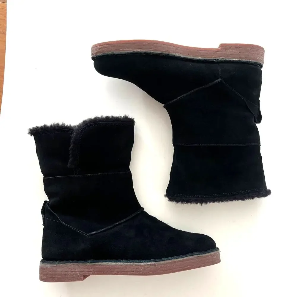 Clarks Boot Size 9.5 Black Suede Leather Fur Cuff Drafty Haze